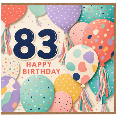 83rd Birthday Card, Colourful Balloons and Confetti Happy Birthday Card