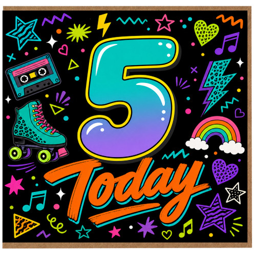 5th Birthday Card, 5 Today Neon Party Design Card