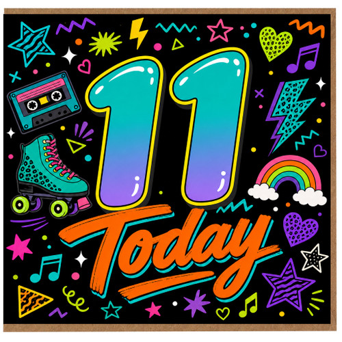 11th Birthday Card, 11 Today Retro Neon Party Card