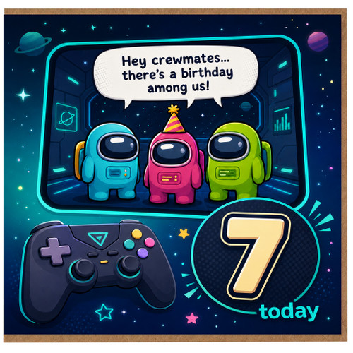 7th Birthday Card, Among Us Style Space Birthday Card