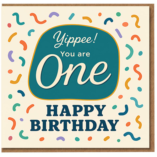 1st Birthday Card - Yippee You Are One - Colourful Confetti Design - Fun First Birthday Card for Kids - Blank Inside with Envelope