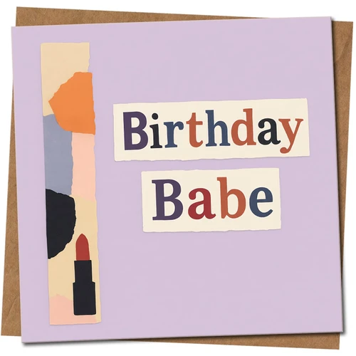Birthday Babe Card for Her - Colourful Collage with Lipstick - 145mm x 145mm Square Birthday Card -, Includes Kraft Envelope