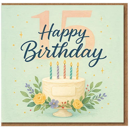 15th Birthday Card - Happy Birthday Cake with Candles, Floral Pastel Design, Large 15 Background, Elegant Teen Card