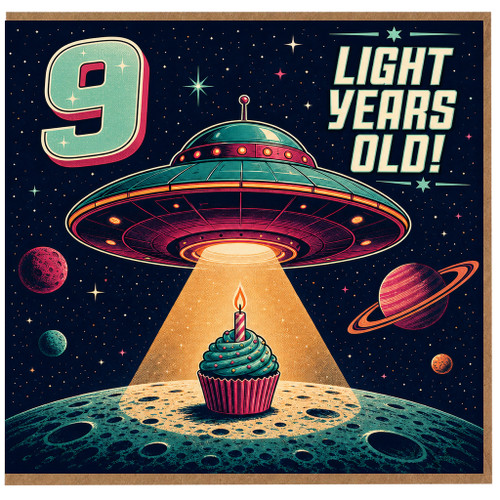 9th Birthday Card, Light Years Old Space UFO Cupcake Design