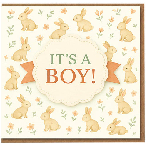 New Baby Boy Card - It’s a Boy - Cute Bunny Design - Congratulations Card for New Parents - Baby Arrival or Gender Reveal