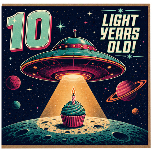 na 10th Birthday Card, Light Years Old Space Theme Card