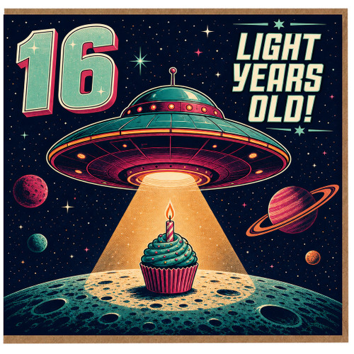 na 16th Birthday Card, Light Years Old UFO Cupcake Space Card