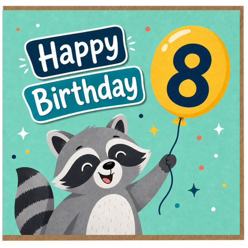 8th Birthday Card, Cute Raccoon Happy Birthday Card