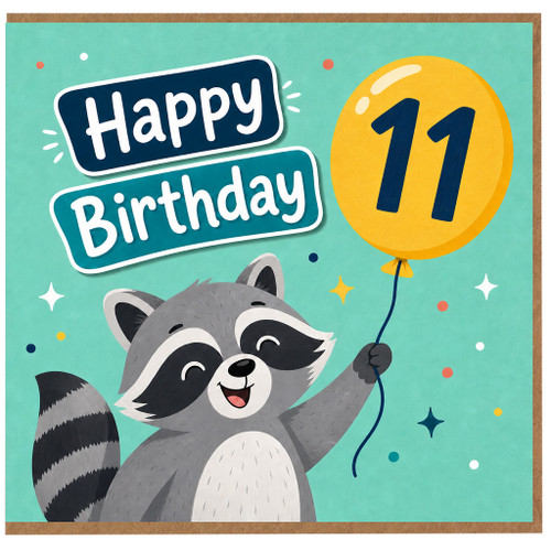 11th Birthday Card, Happy Birthday Raccoon Balloon Card