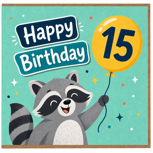 15th Birthday Card, Happy Birthday Raccoon Balloon Card