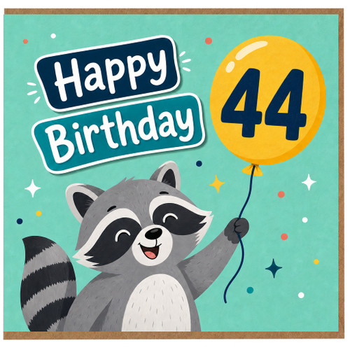 44th Birthday Card, Cute Raccoon Happy Birthday Card
