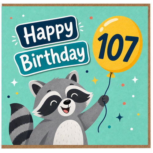 107th Birthday Card, Cute Raccoon Happy Birthday Balloon Design
