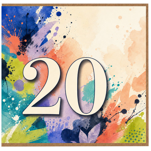 20th Birthday Card, Colourful Abstract Paint Splatter Design