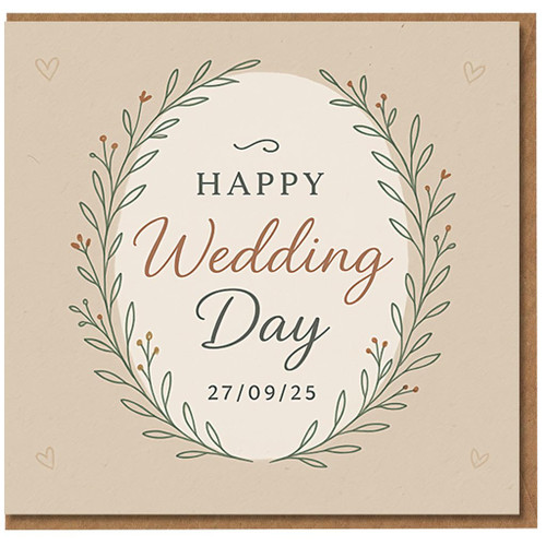 Happy Wedding Day Card - Elegant Botanical Wreath Design, Neutral Tones, with Date 27/09/25 - Wedding Congratulations Card for the Happy Couple