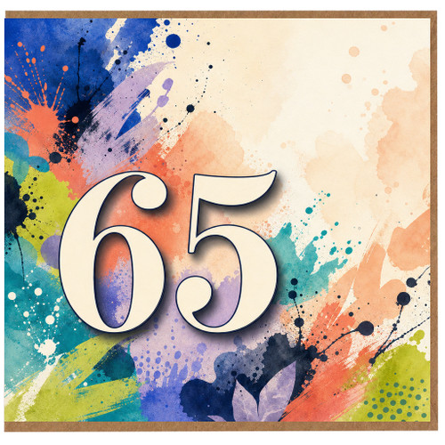 65th Birthday Card, Colourful Watercolour Splash Design