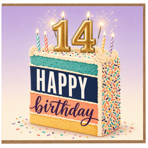14th Birthday Card, Happy Birthday Cake Design Card