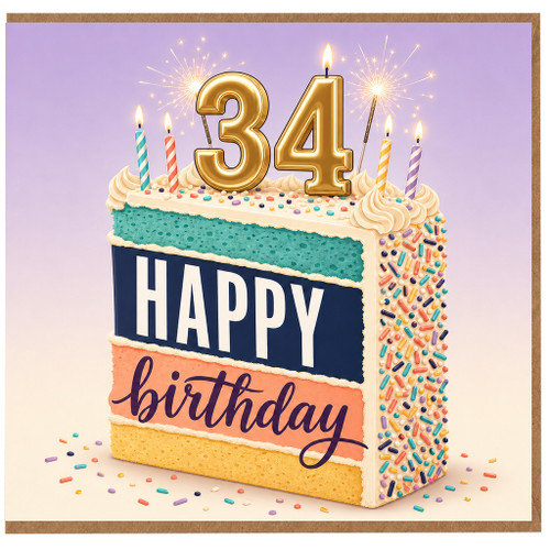 34th Birthday Card, Happy Birthday Cake Design Card