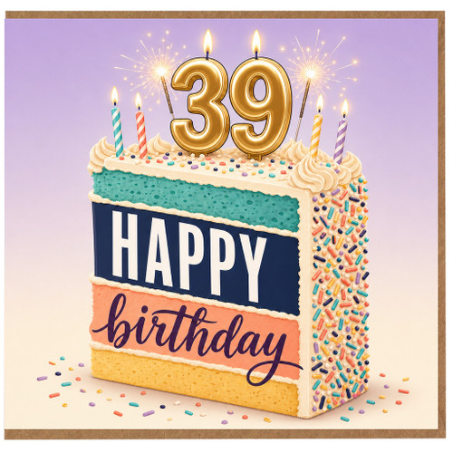 39th Birthday Card, Happy Birthday Cake Design with Candles and Fireworks