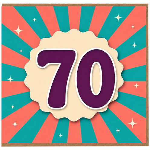 70th Birthday Card, Retro Sunburst Design