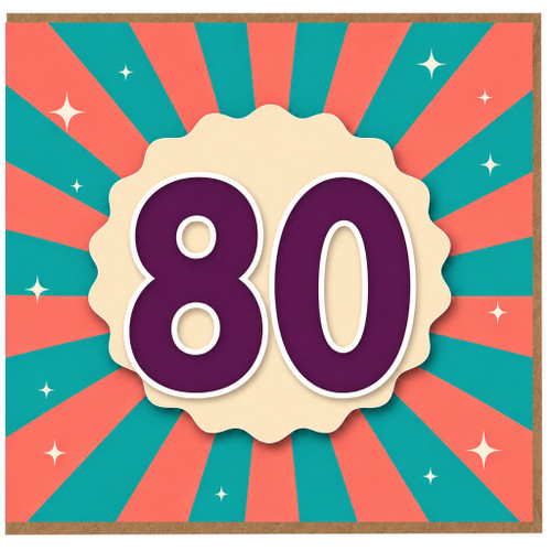 80th Birthday Card, Retro Sunburst Number 80 Card