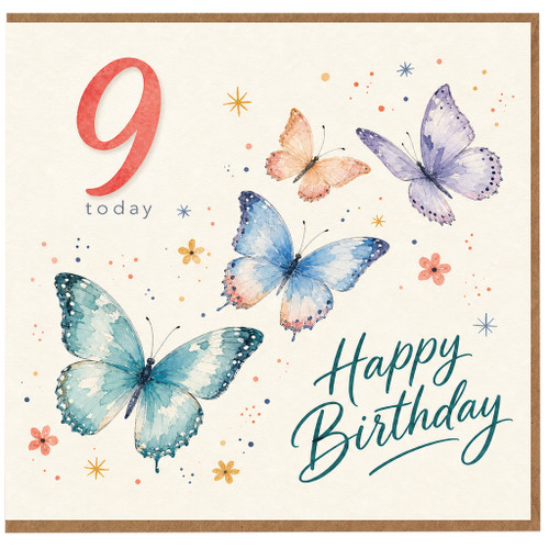 9th Birthday Card, Happy Birthday Butterfly Design