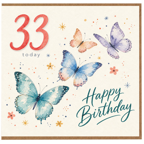 33rd Birthday Card, Happy Birthday Butterfly Card