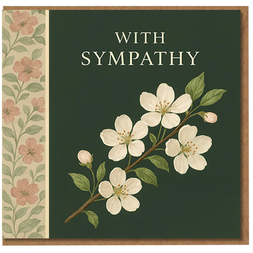 With Sympathy Card - Elegant White Blossom Floral on Dark Green - Condolence Greeting Card for Bereavement, Loss and Thinking of You