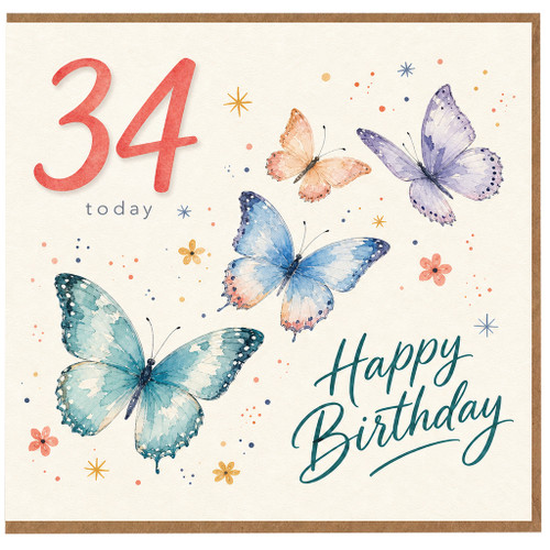 34th Birthday Card, 34 Today Happy Birthday Butterfly Card