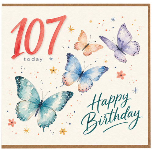 107th Birthday Card, Butterfly Happy Birthday Card for 107 Year Old