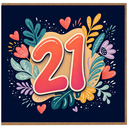 21st Birthday Card, Colourful Floral Number 21 Card