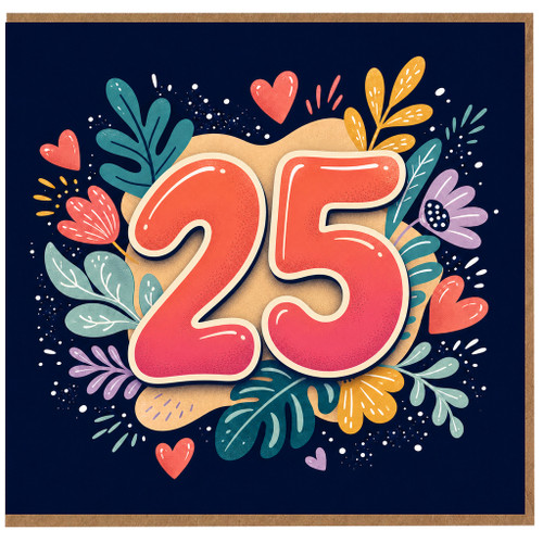 25th Birthday Card, Colourful Floral Heart Design