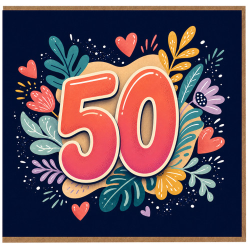 50th Birthday Card, Colourful Floral Hearts Design