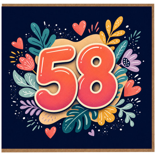58th Birthday Card, Colourful Floral Hearts Design