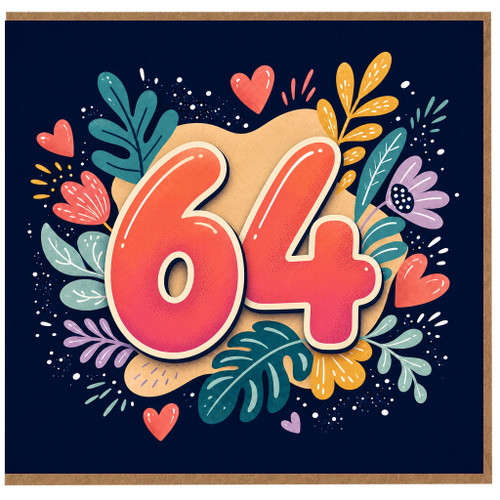 64th Birthday Card, Colourful Floral Hearts Design