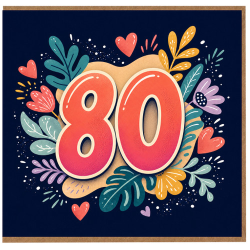 80th Birthday Card, Floral Heart Design