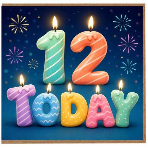 12th Birthday Card, Colourful Candle Numbers Today Card