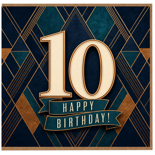 10th Birthday Card, Art Deco Style Happy Birthday Card