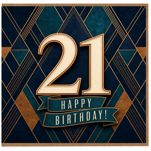 21st Birthday Card, Art Deco Happy Birthday Card