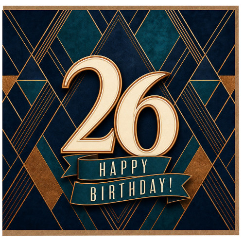 26th Birthday Card, Art Deco Happy Birthday Card