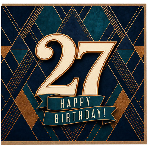 27th Birthday Card, Art Deco Happy Birthday Card