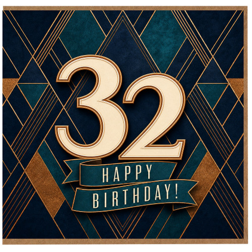 32nd Birthday Card, Art Deco Happy Birthday Card