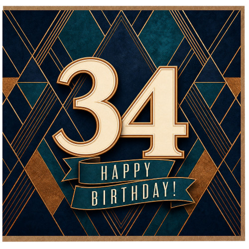 34th Birthday Card, Happy Birthday Art Deco Design