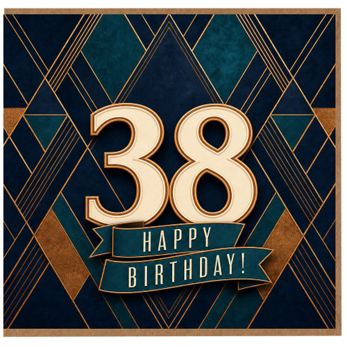 38th Birthday Card, Art Deco Style Happy Birthday Card
