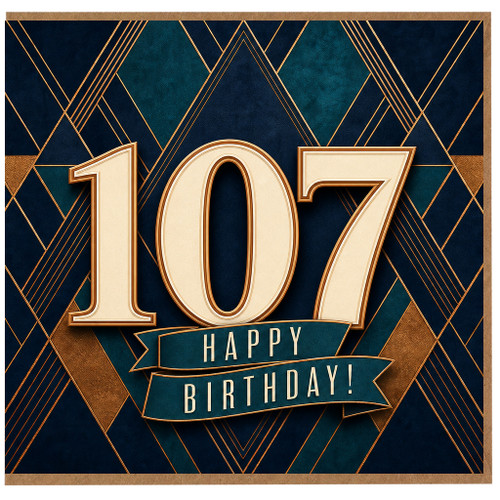 107th Birthday Card, Art Deco Happy Birthday Card