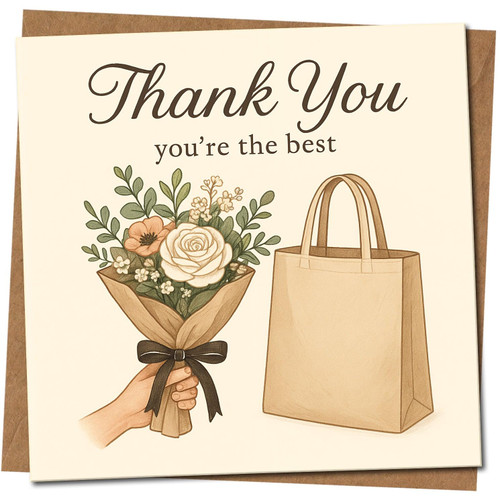 Thank You Card - You're the Best - Floral Bouquet Illustration, 145mm x 145mm, Appreciation Card for Friend, Colleague, Teacher, Includes Kraft Envelope