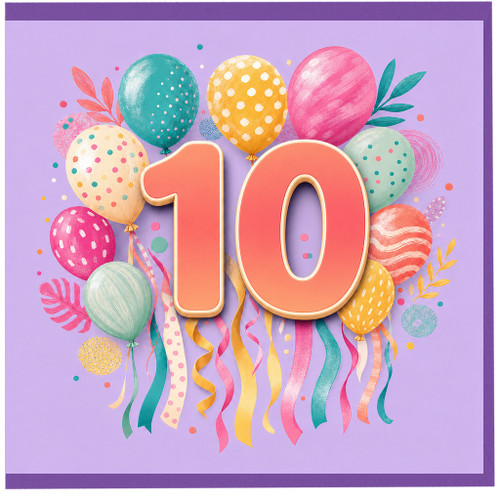 10th Birthday Card, Colourful Balloons and Number 10 Party Card