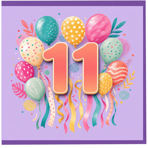 11th Birthday Card, Colourful Balloons and Number 11 Design