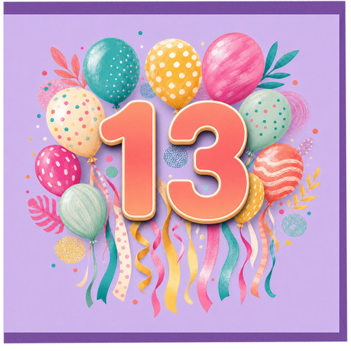 13th Birthday Card, Colourful Balloons and Confetti Design