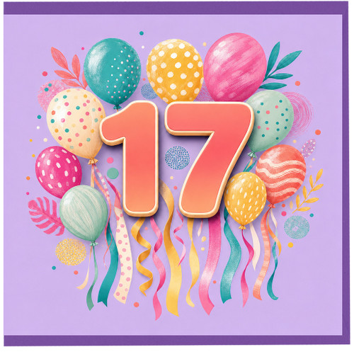 17th Birthday Card, Colourful Balloons and Ribbons Design