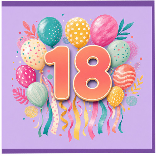 18th Birthday Card, Colourful Balloons and Confetti Design